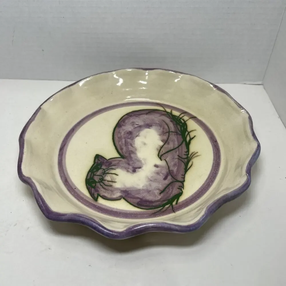 Art Pottery Pie Dish Purple Kitty Cat Ruffled Edge Signed Ceramic 10